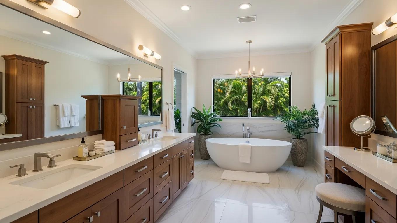 Luxurious bathroom remodel with soaking tub and custom vanities in Boca Raton
