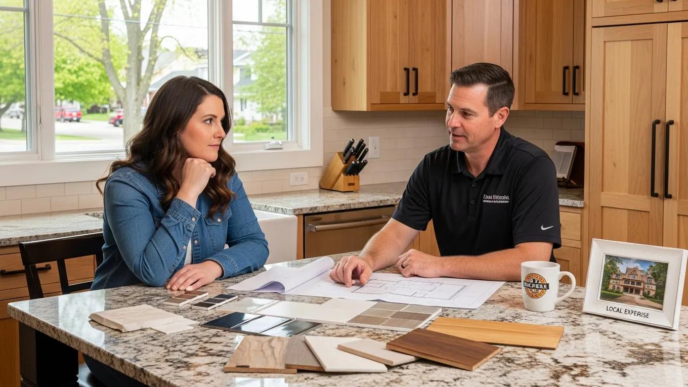 Homeowners discussing remodeling plans with a contractor and design samples in a kitchen.