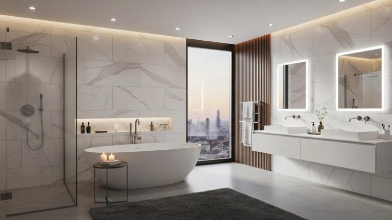 Luxurious modern bathroom with freestanding bathtub and elegant fixtures