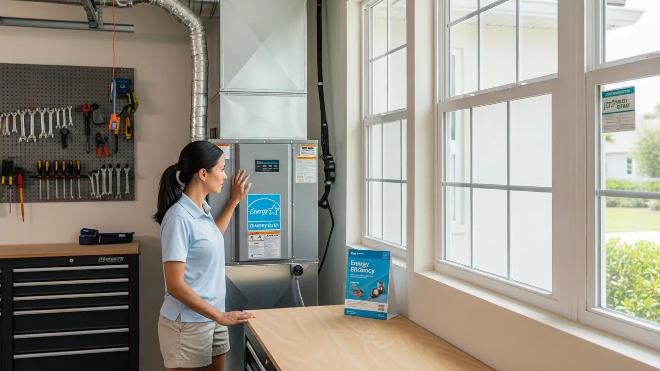Homeowner examining energy-efficient HVAC systems and impact windows in South Florida