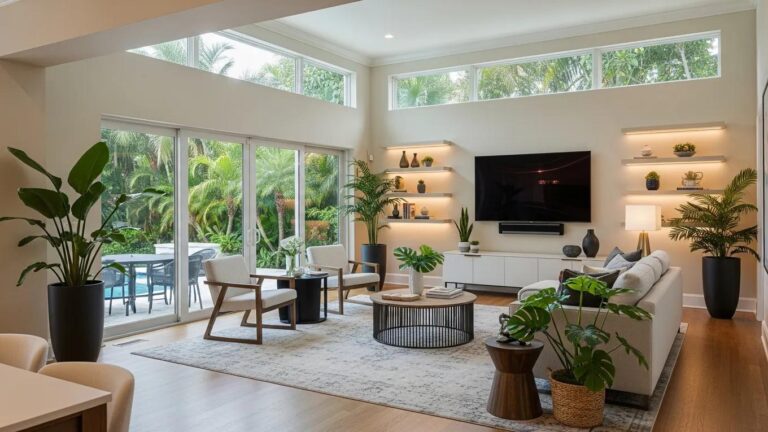 Luxurious living room in a remodeled Fort Lauderdale home, highlighting modern design and tropical views