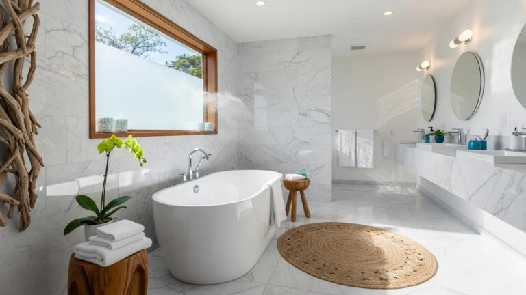 Luxurious spa-inspired bathroom remodel in Boca Raton with freestanding tub and marble tiles