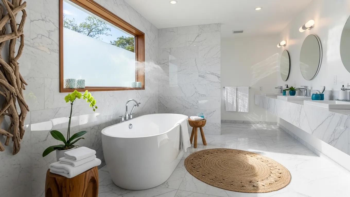 Luxurious spa-inspired bathroom remodel in Boca Raton with freestanding tub and marble tiles