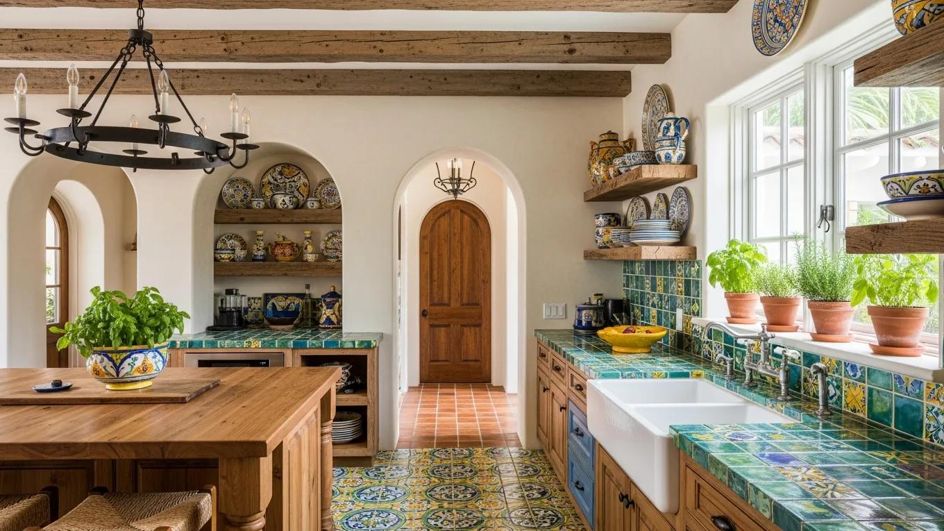 Mediterranean kitchen design with vibrant tiles and rustic elements in Delray Beach