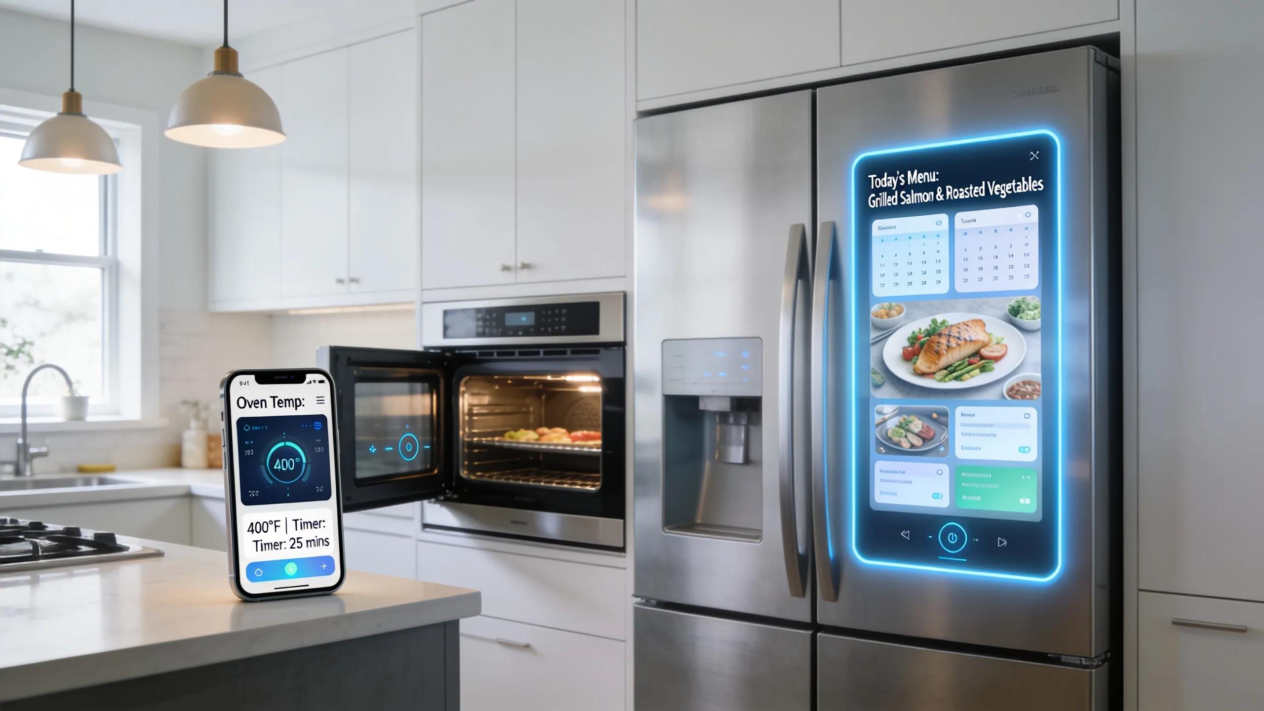 Modern kitchen featuring smart refrigerator and oven with mobile device integration for South Florida remodeling.