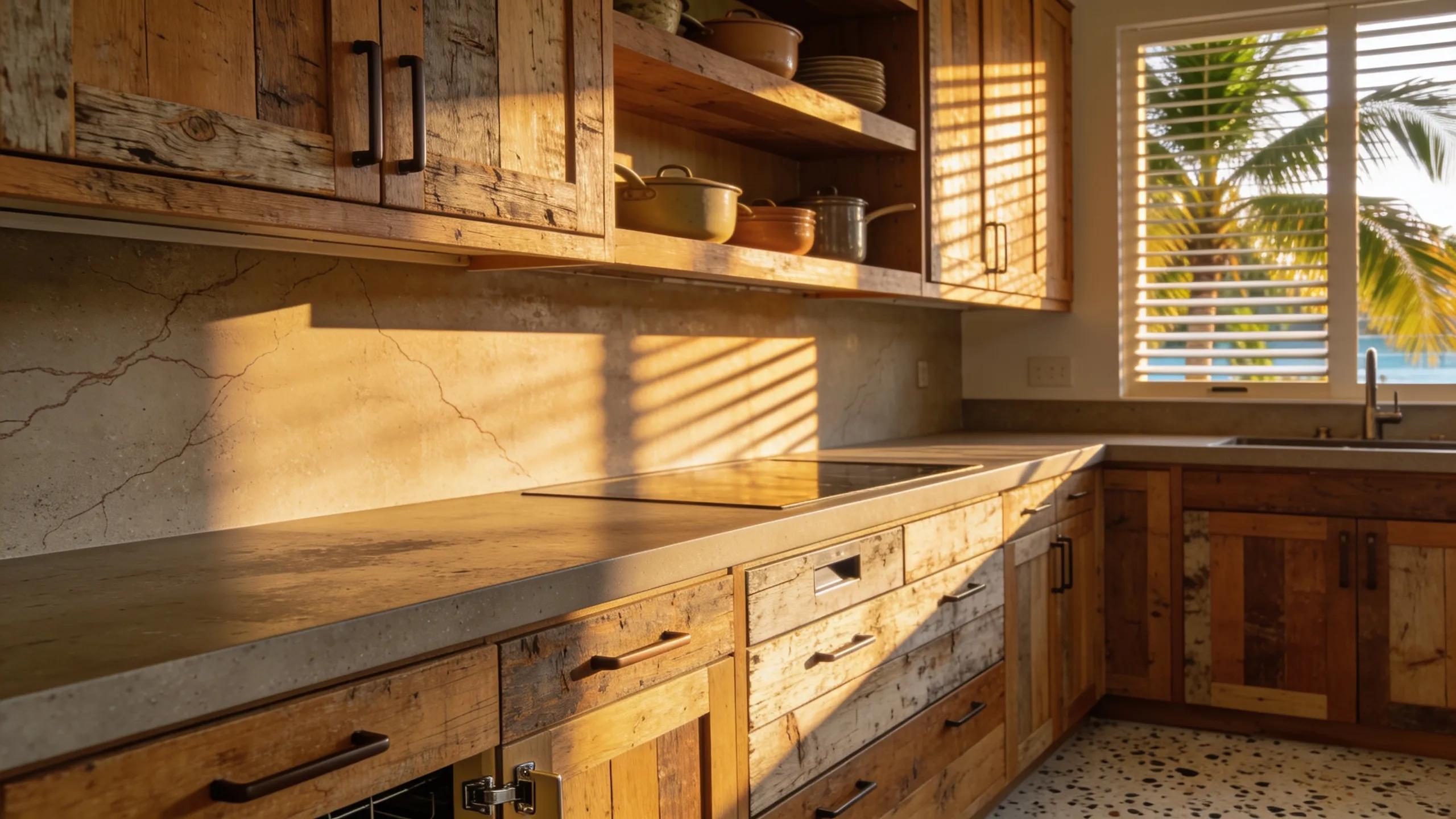 Reclaimed wood kitchen cabinetry and countertops with coastal design elements in South Florida.