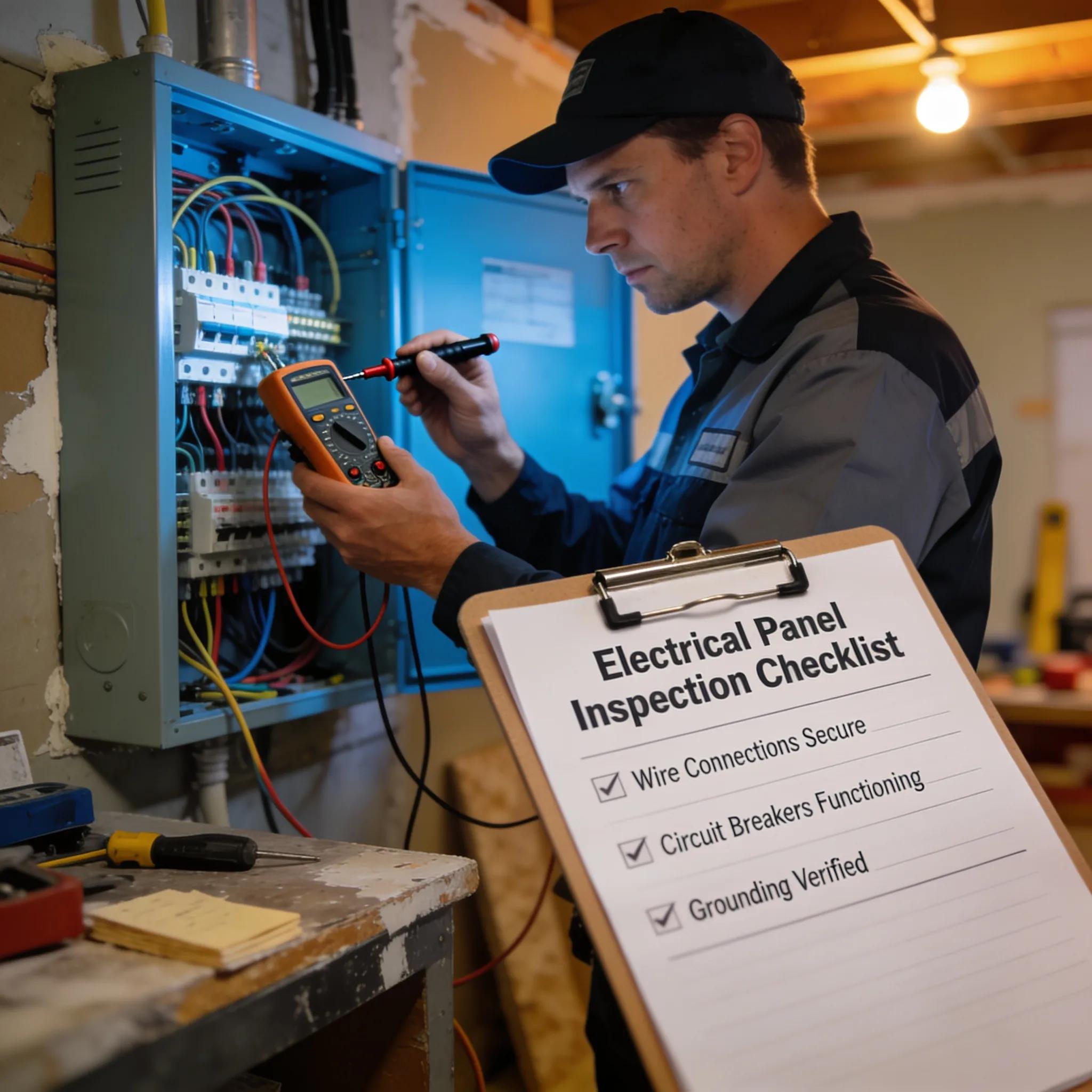 Home inspector evaluating electrical panel for compliance during South Florida remodeling
