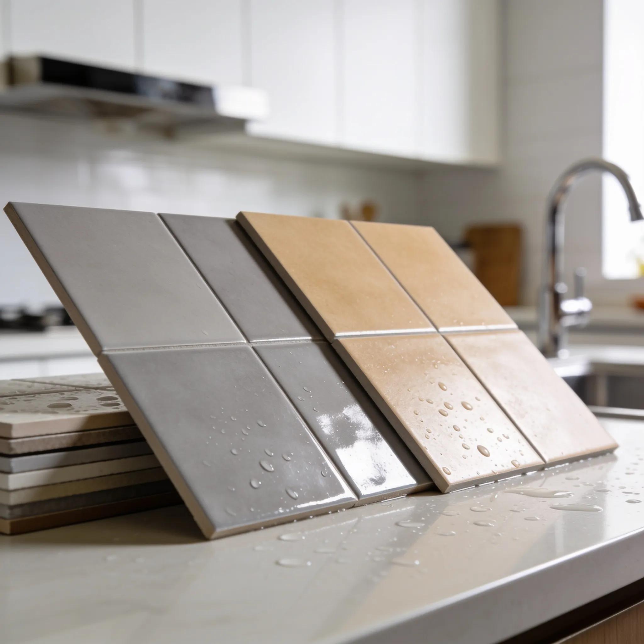 Close-up of porcelain and ceramic tiles in a kitchen, emphasizing durability and style