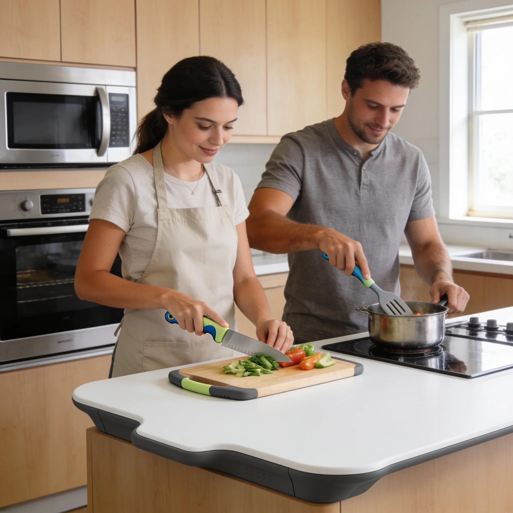 Couple preparing food in ergonomic kitchen design, demonstrating efficient workflow and kitchen zones.