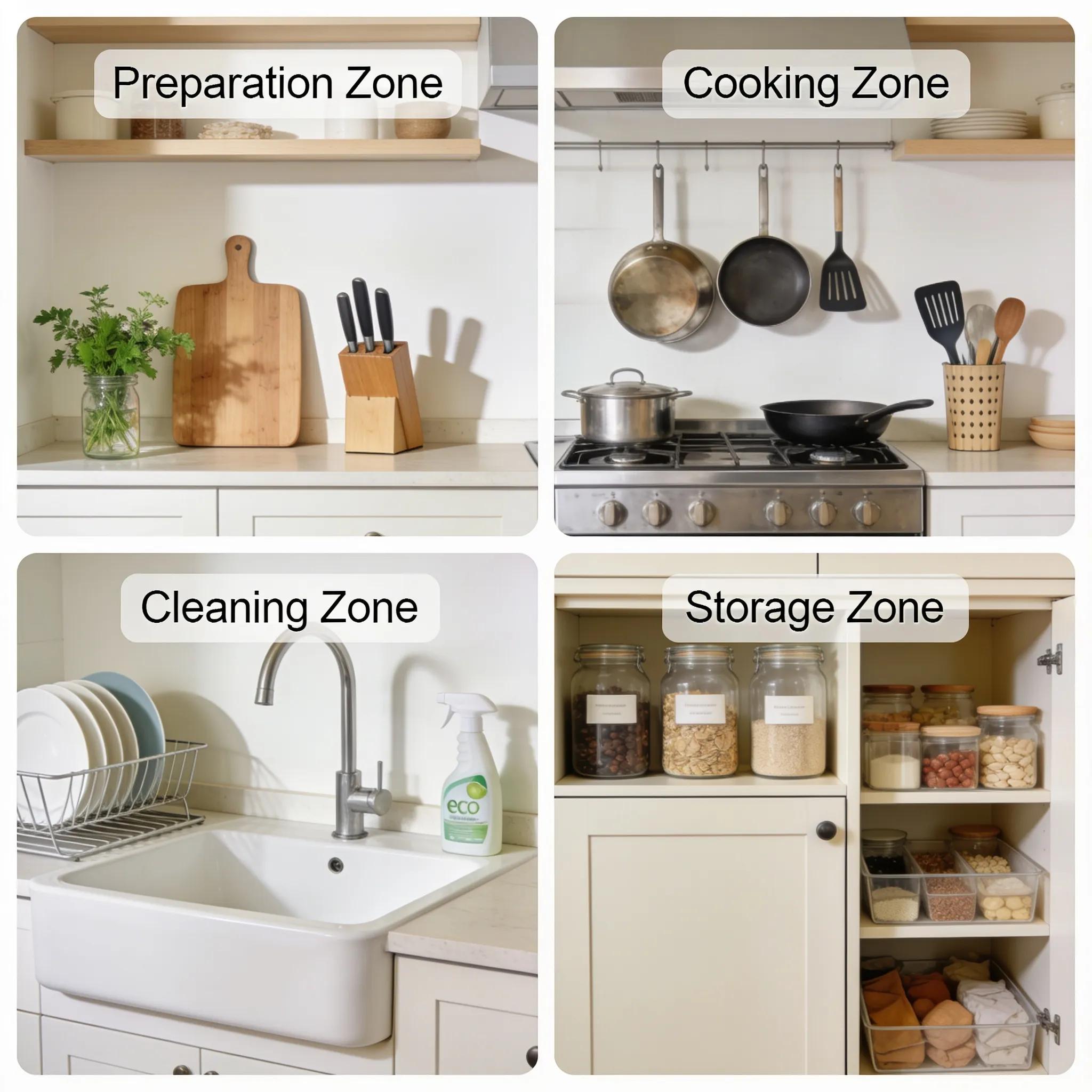 Kitchen zones illustration: preparation, cooking, cleaning, and storage areas for efficient workflow.