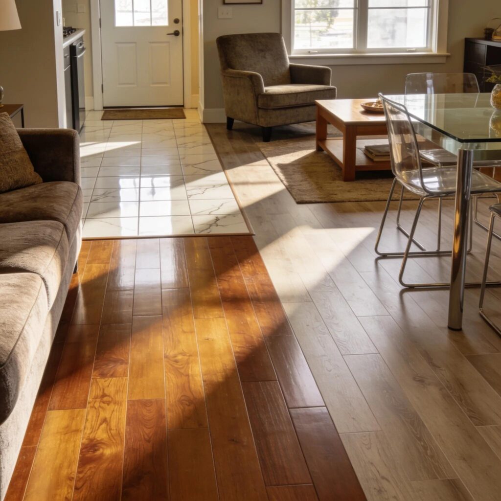 Living room with hardwood, tile, and luxury vinyl flooring showcasing aesthetic appeal and warmth