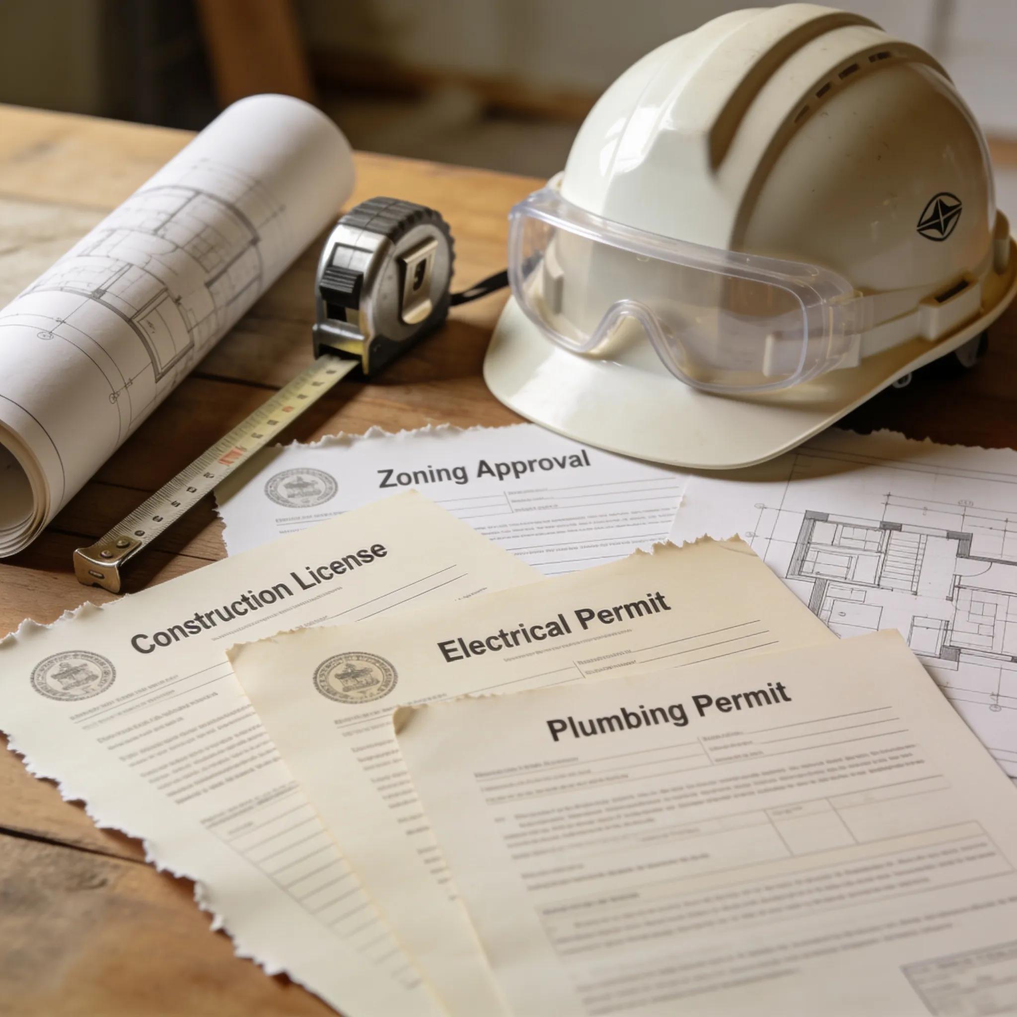 Collection of building permit documents, tools, and materials for remodeling in South Florida