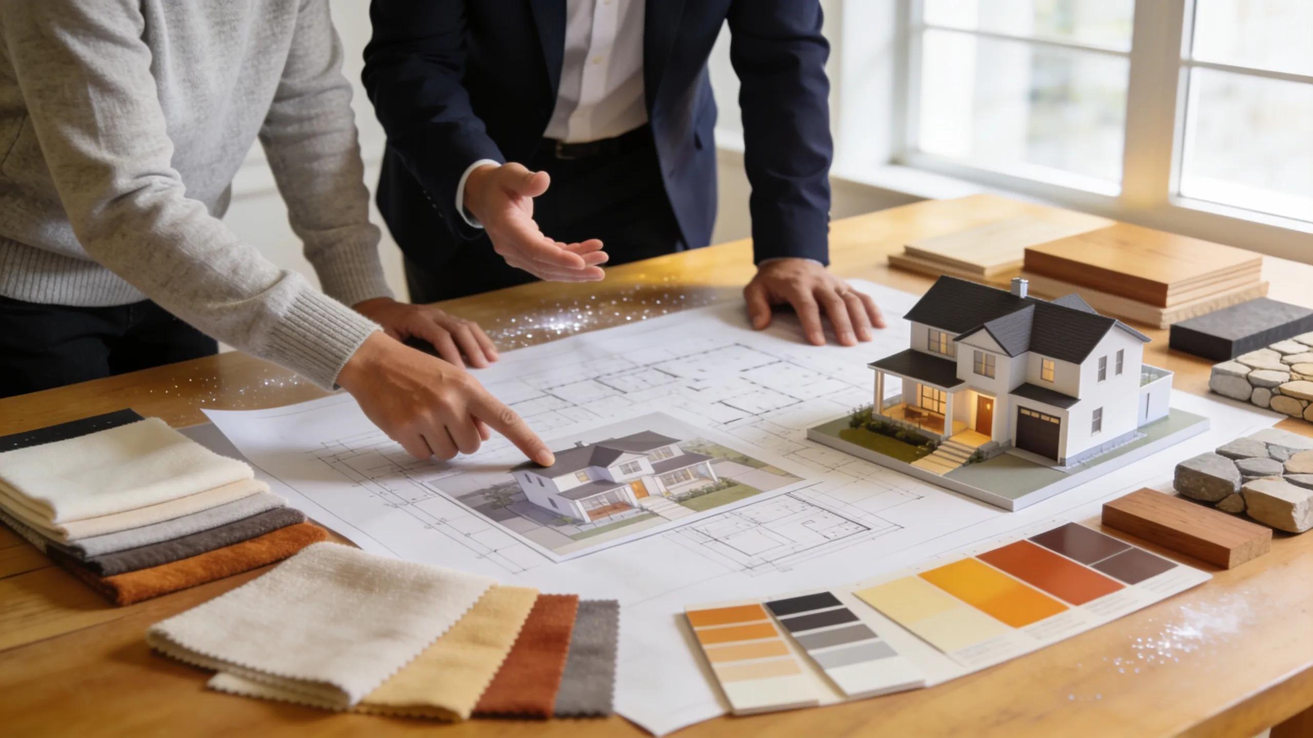 Homeowners discussing design plans and material samples with architects during planning phase.