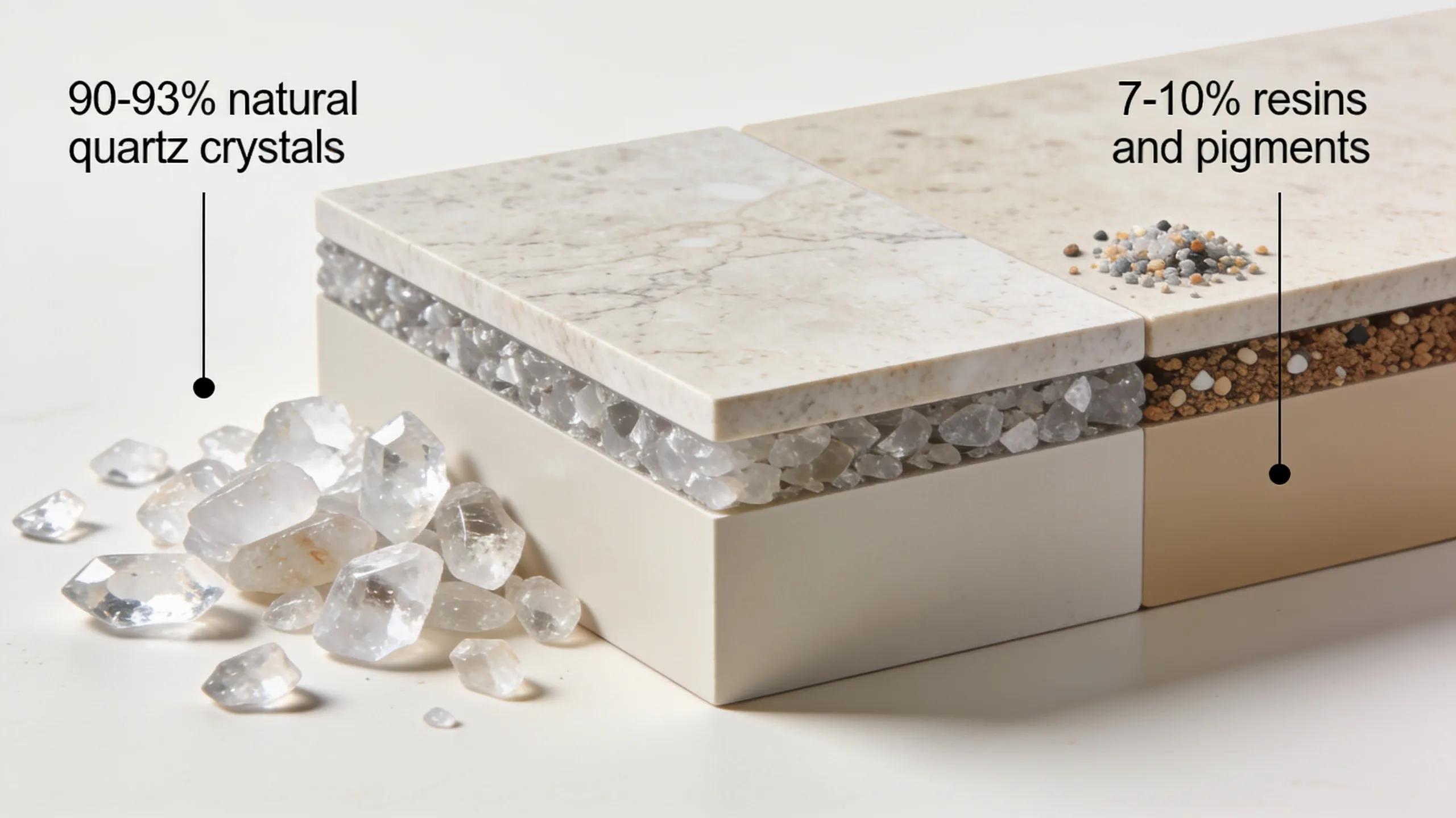 Quartz countertops are made by combining roughly 90-93% natural quartz crystals with resins and pigments